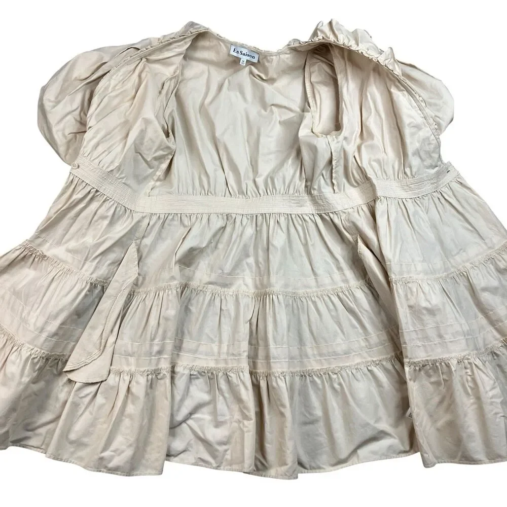 En Saison Dress Womens M Cream Cotton Wrap Ruffle Puff Sleeve Tiered Cottagecore